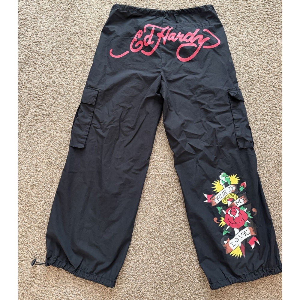 Ed Hardy Women's Cargo Parachute Multipocket Graphic Pants Black Size Large